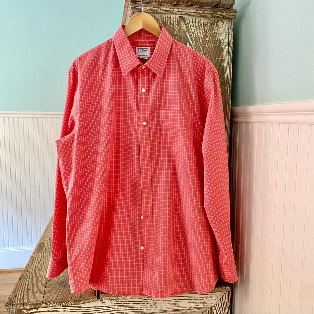 LL Bean Orange and White Plaid Button Down Large